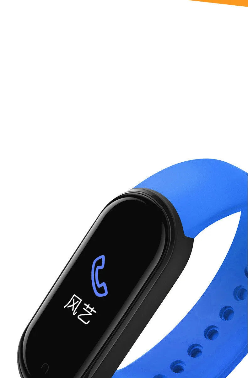 M5 smart bracelet in black showing heart rate display on 0.96-inch screen with wrist strap
