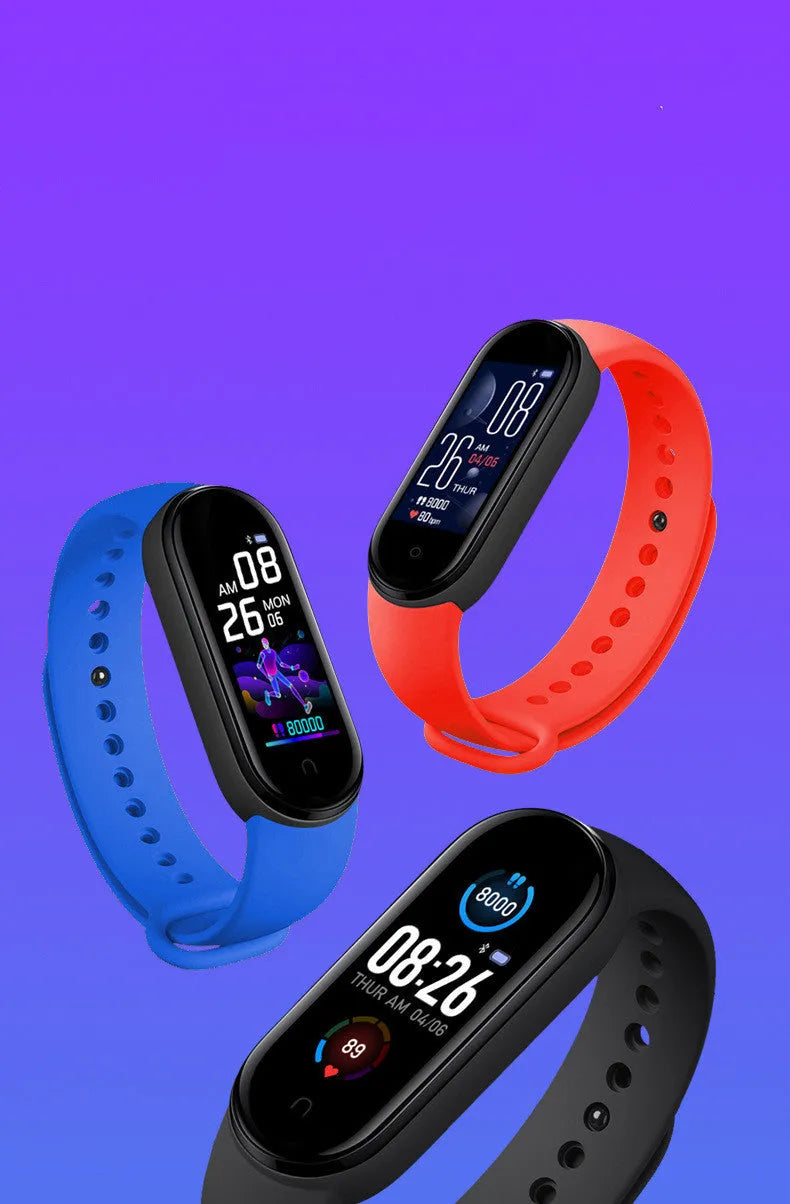 M5 smart bracelet in black showing heart rate display on 0.96-inch screen with wrist strap