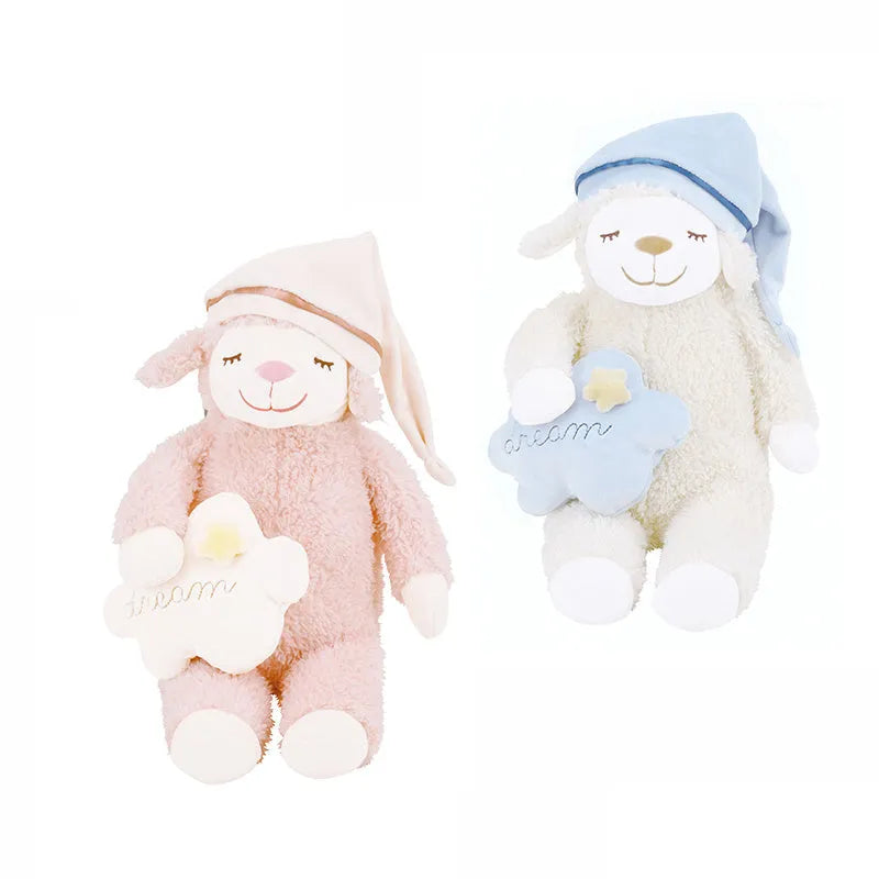 LIVHEART sheep plush doll pillow with bown cotton filling, available in Pink, Suit, and White, sizes L and M.