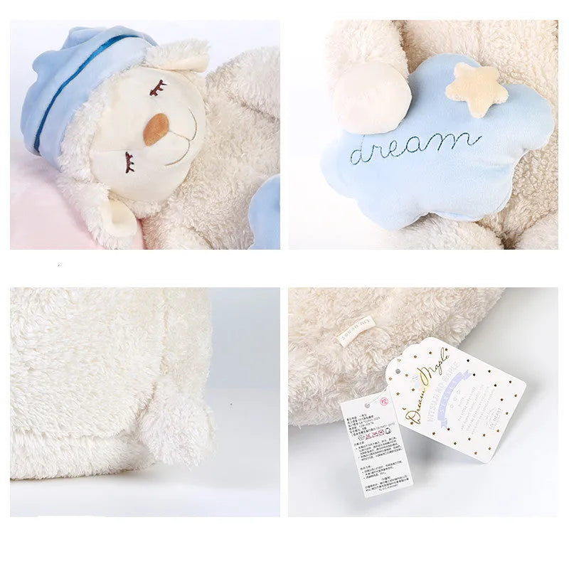 LIVHEART sheep plush doll pillow with bown cotton filling, available in Pink, Suit, and White, sizes L and M.