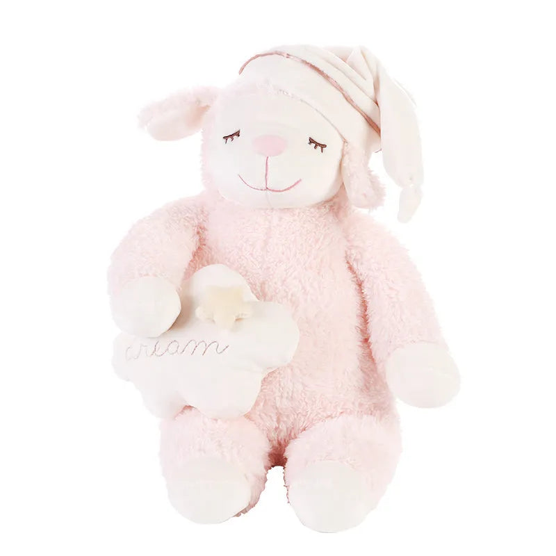 LIVHEART sheep plush doll pillow with bown cotton filling, available in Pink, Suit, and White, sizes L and M.