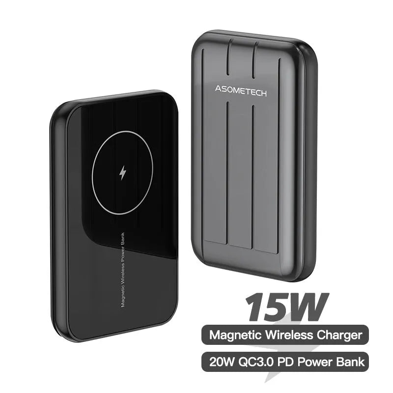 Blue magnetic wireless charging power bank for iPhone 12 with 5000mAh capacity.