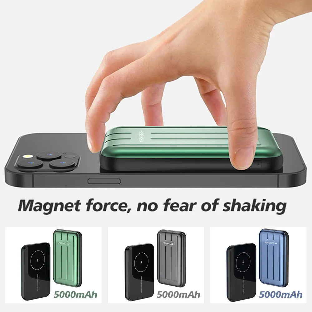 Blue magnetic wireless charging power bank for iPhone 12 with 5000mAh capacity.