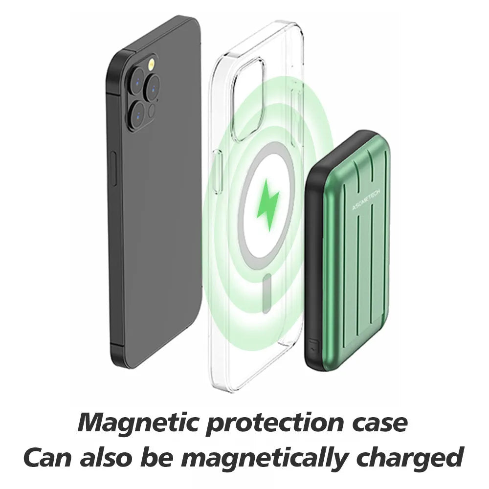 Blue magnetic wireless charging power bank for iPhone 12 with 5000mAh capacity.