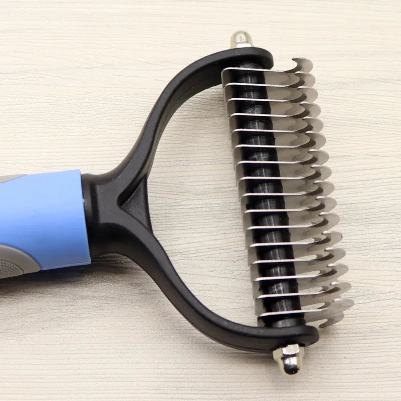 Pet long-haired dog knot comb double-sided blade dematting tool with stainless steel needles ABS TPR handle blue and pink colour options