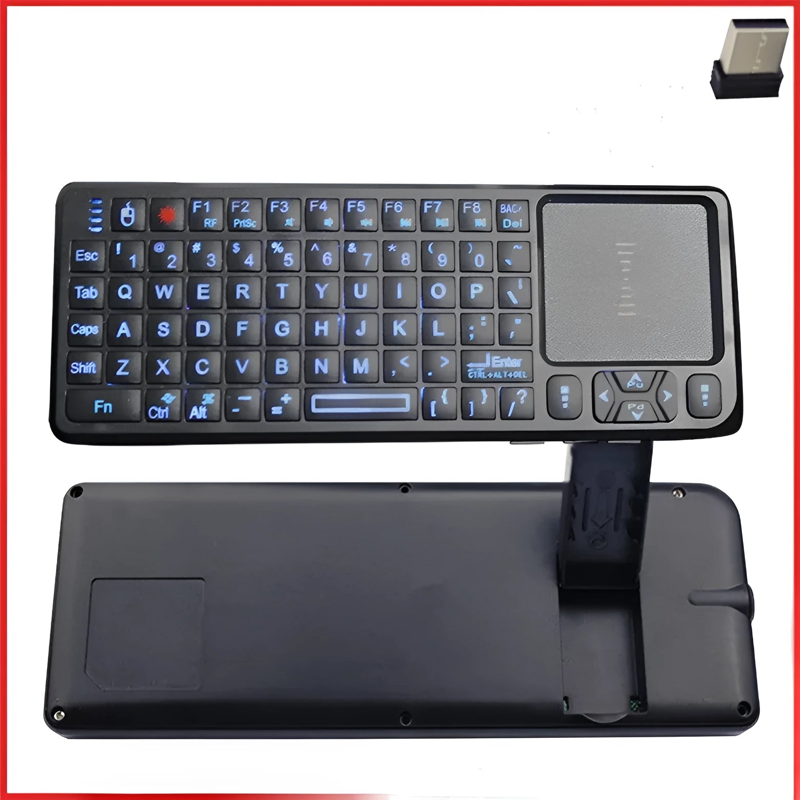 Black laser teaching mini keyboard with touch screen and integrated mouse, shown with USB receiver.