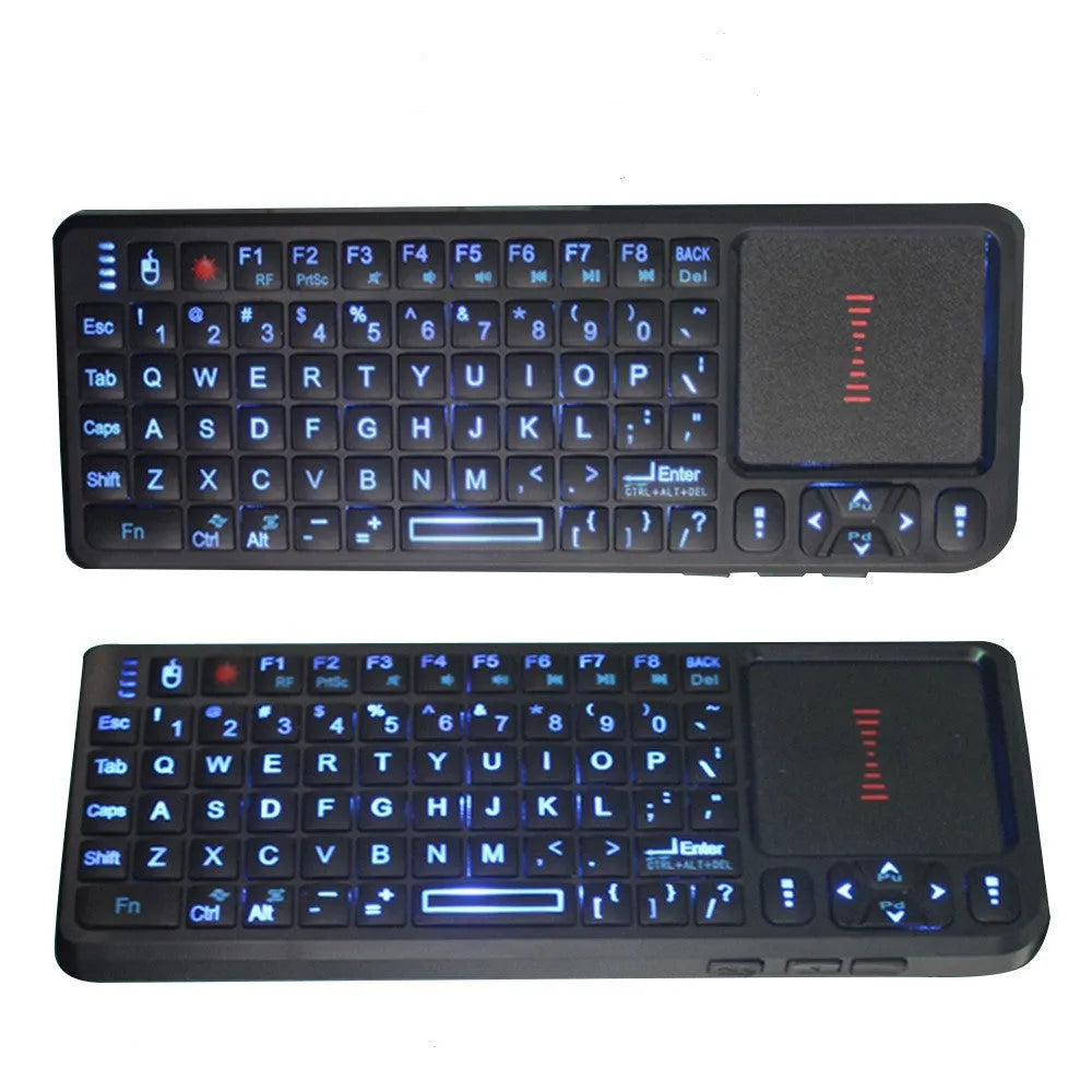 Black laser teaching mini keyboard with touch screen and integrated mouse, shown with USB receiver.