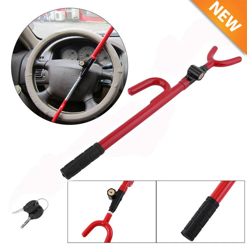 U-shaped anti-theft car steering wheel lock, steel and PVC, 47cm x 9.5cm, black and red, with keys.