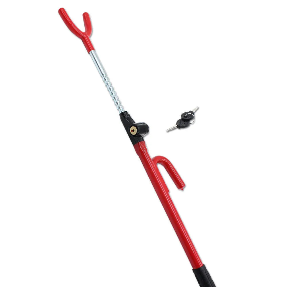U-shaped anti-theft car steering wheel lock, steel and PVC, 47cm x 9.5cm, black and red, with keys.