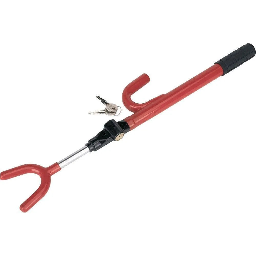 U-shaped anti-theft car steering wheel lock, steel and PVC, 47cm x 9.5cm, black and red, with keys.