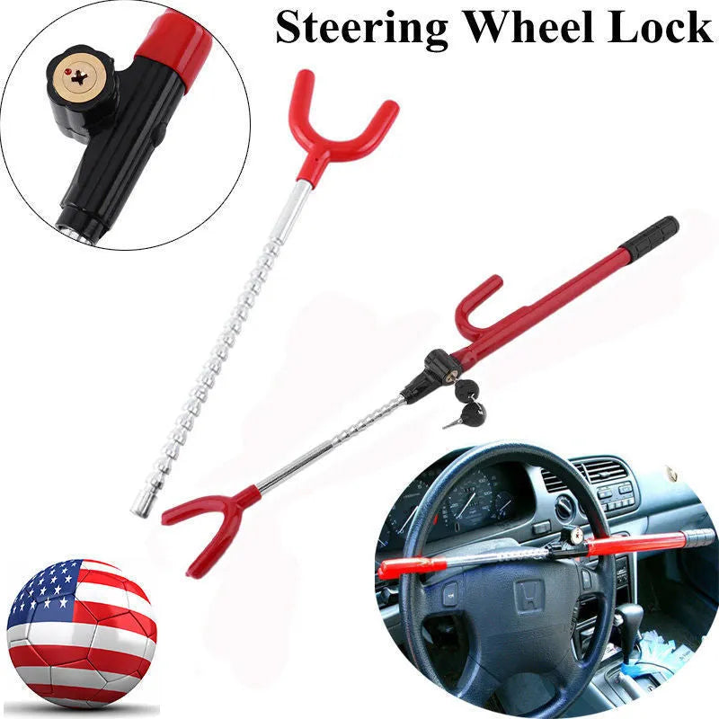 U-shaped anti-theft car steering wheel lock, steel and PVC, 47cm x 9.5cm, black and red, with keys.