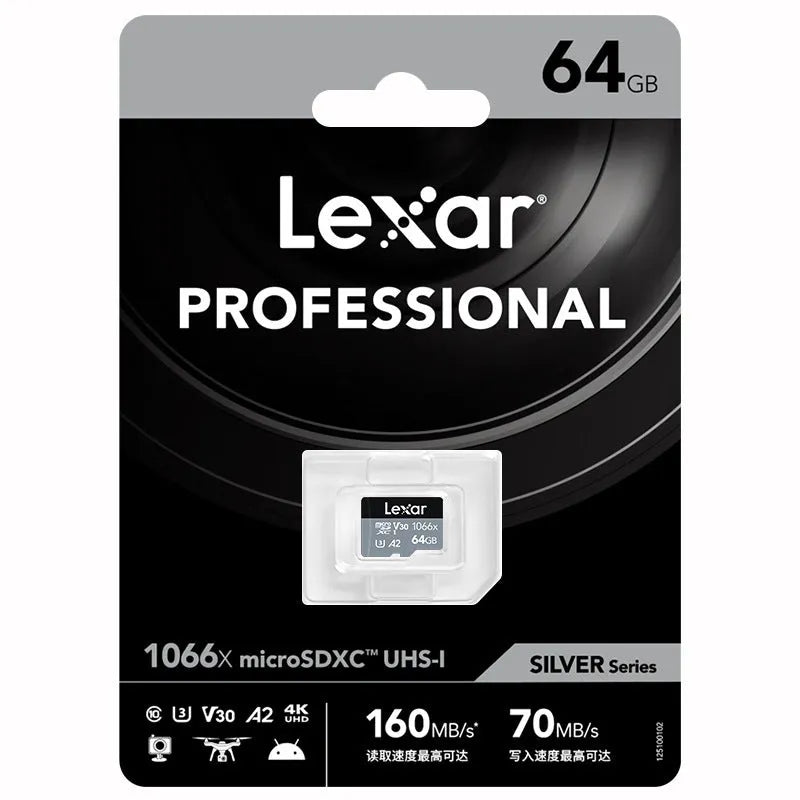 Lexar 1066x TF memory card with capacity label 128GB, rated A2 U3 V30, white and blue packaging
