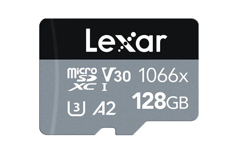 Lexar 1066x TF memory card with capacity label 128GB, rated A2 U3 V30, white and blue packaging