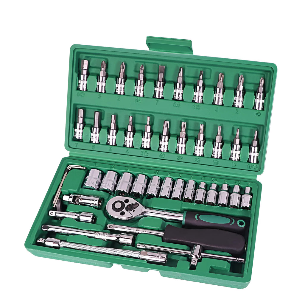 Green plastic case open to show a 46-piece car repair socket and wrench set with alloy steel tools.