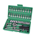 Green plastic case open to show a 46-piece car repair socket and wrench set with alloy steel tools.