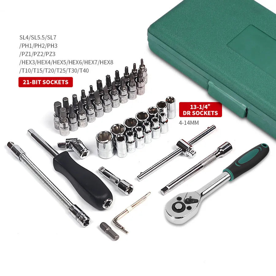 Green plastic case open to show a 46-piece car repair socket and wrench set with alloy steel tools.