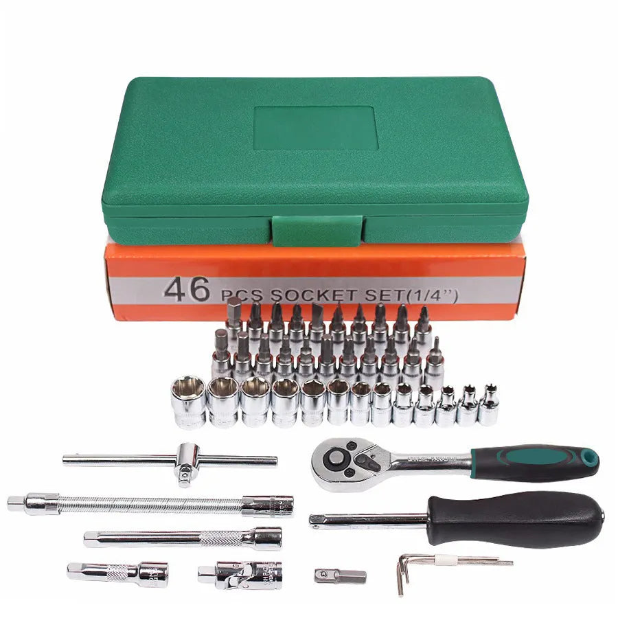 Green plastic case open to show a 46-piece car repair socket and wrench set with alloy steel tools.