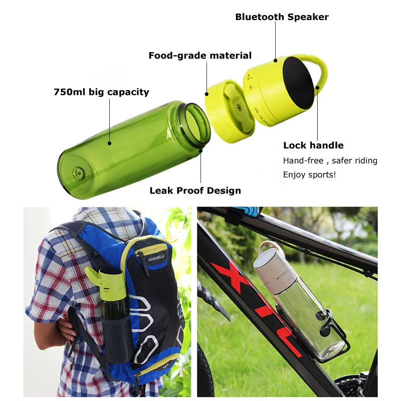 Grey 750ml cycling sports water bottle with integrated Bluetooth audio speaker