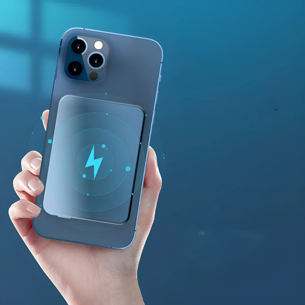 Silver aluminium wireless magnetic charging power bank for Apple iPhone.