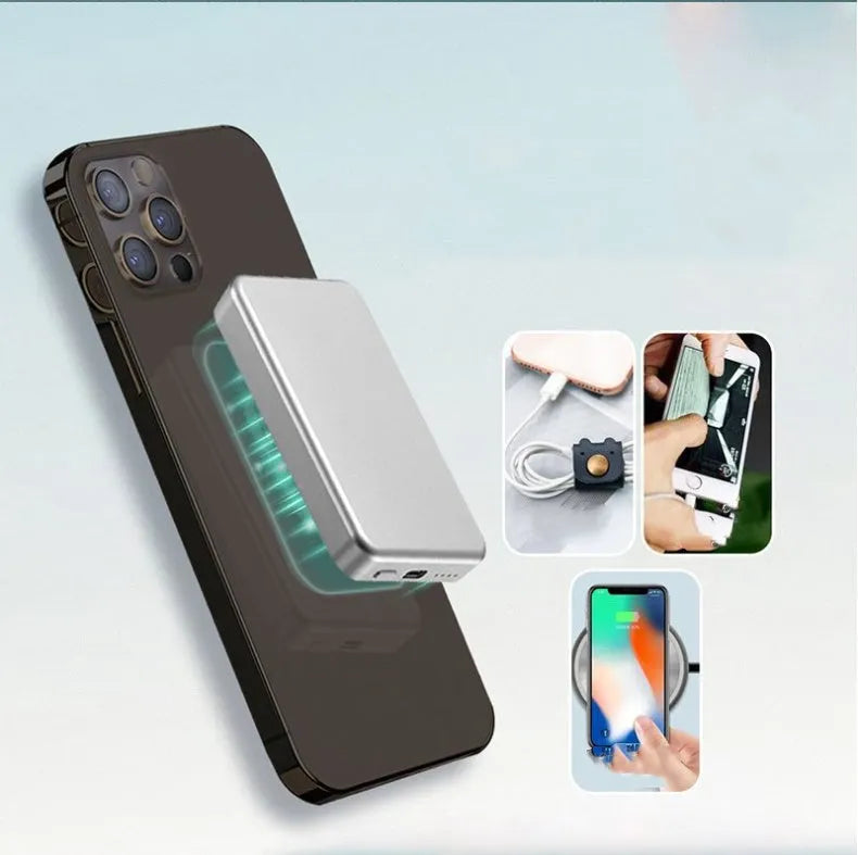 Silver Apple magnetic wireless power bank with USB-C port on a table.