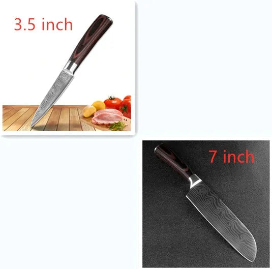 7Cr17 stainless steel kitchen knife with laser Damascus pattern on blade and colour steel handle.