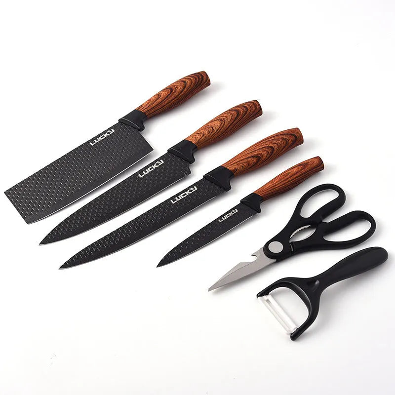 Six-piece stainless steel knife set with anti-rust coating and wheat straw handles in Suit style on a kitchen board