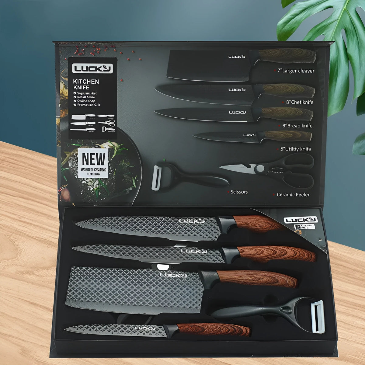 Six-piece stainless steel knife set with anti-rust coating and wheat straw handles in Suit style on a kitchen board