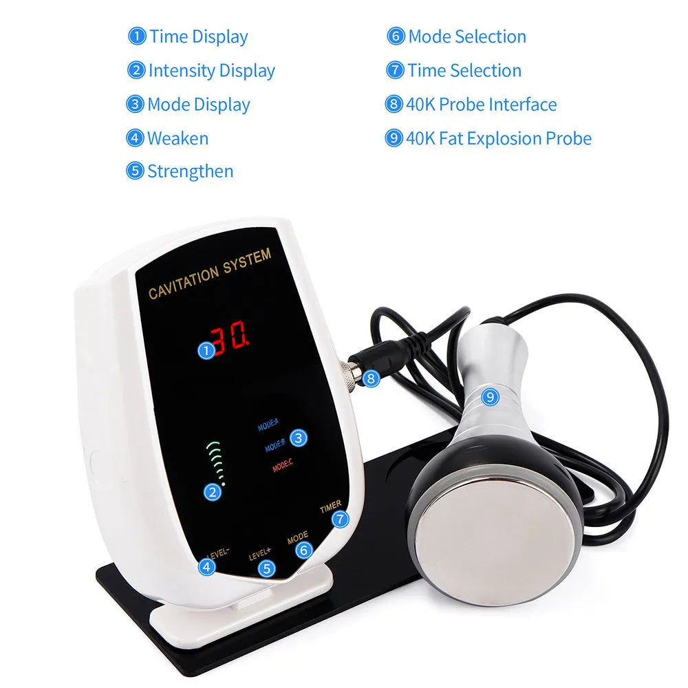 Ultrasonic fat rejection body sculpting apparatus in black and white ABS with 40KHz head and power cord