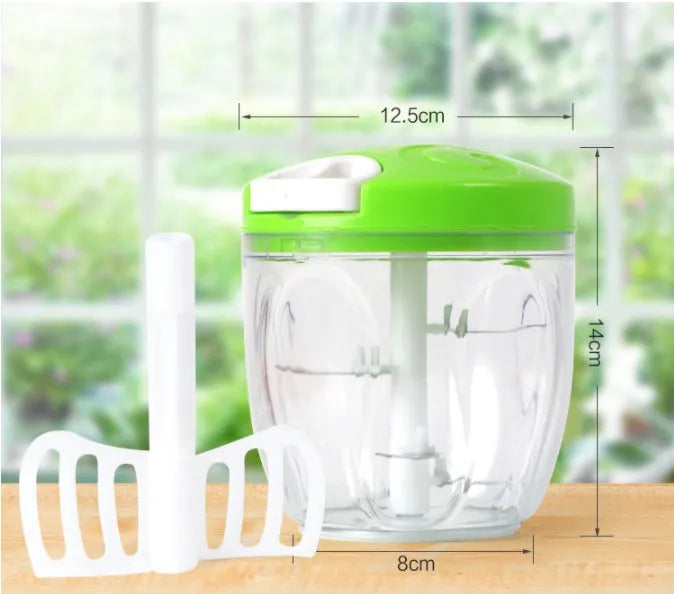 Green manual kitchen chopper with lid, three stainless steel blades, and a 500ml capacity container.