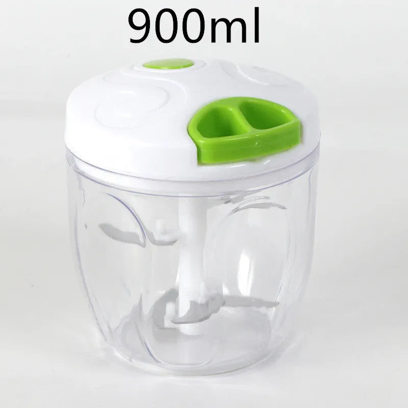 Green manual kitchen chopper with lid, three stainless steel blades, and a 500ml capacity container.