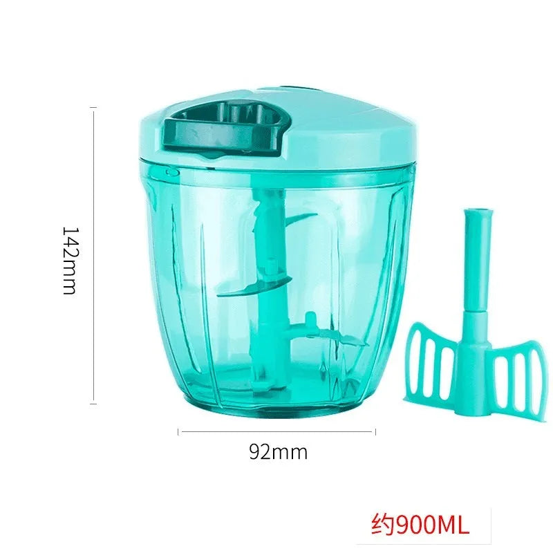 Green manual kitchen chopper with lid, three stainless steel blades, and a 500ml capacity container.