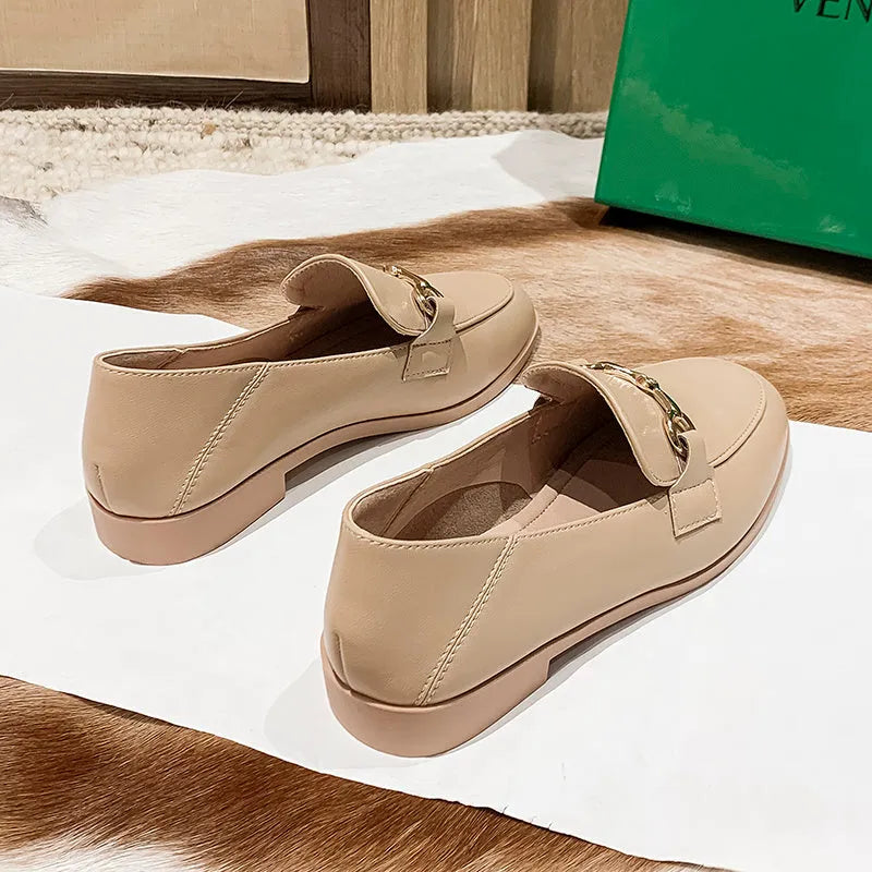 Women's black leather flat shoes round toe low heel casual walking shoes side view