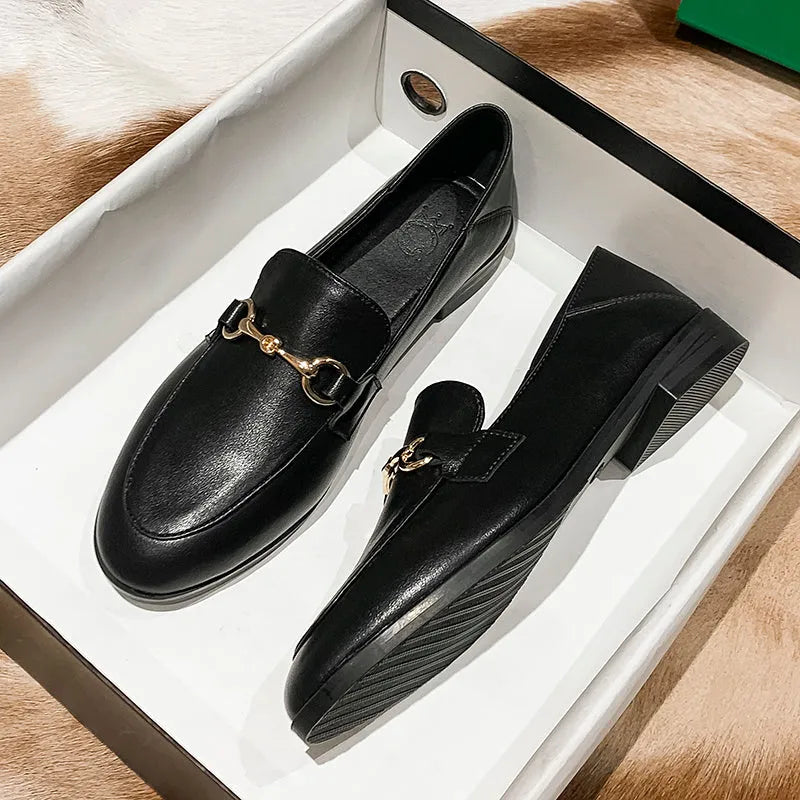Women's black leather flat shoes round toe low heel casual walking shoes side view