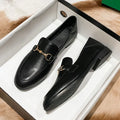 Women's black leather flat shoes round toe low heel casual walking shoes side view