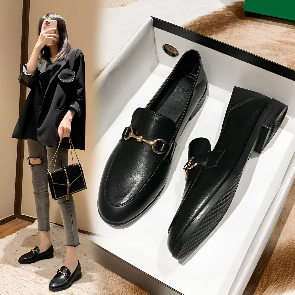 Women's black leather flat shoes round toe low heel casual walking shoes side view