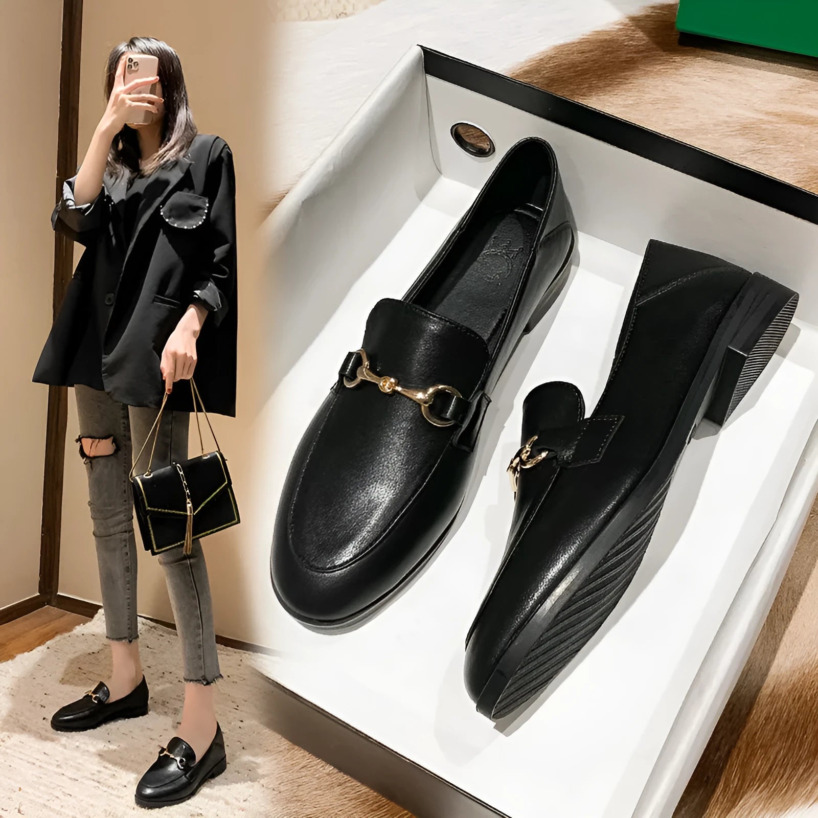 Women's black leather flat shoes round toe low heel casual walking shoes side view