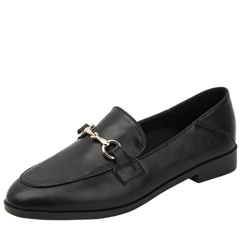 Women's black leather flat shoes round toe low heel casual walking shoes side view