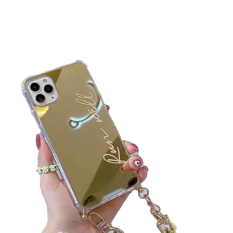Golden cartoon mirror phone case with chain for iPhone, soft plastic cover compatible with iPhone models