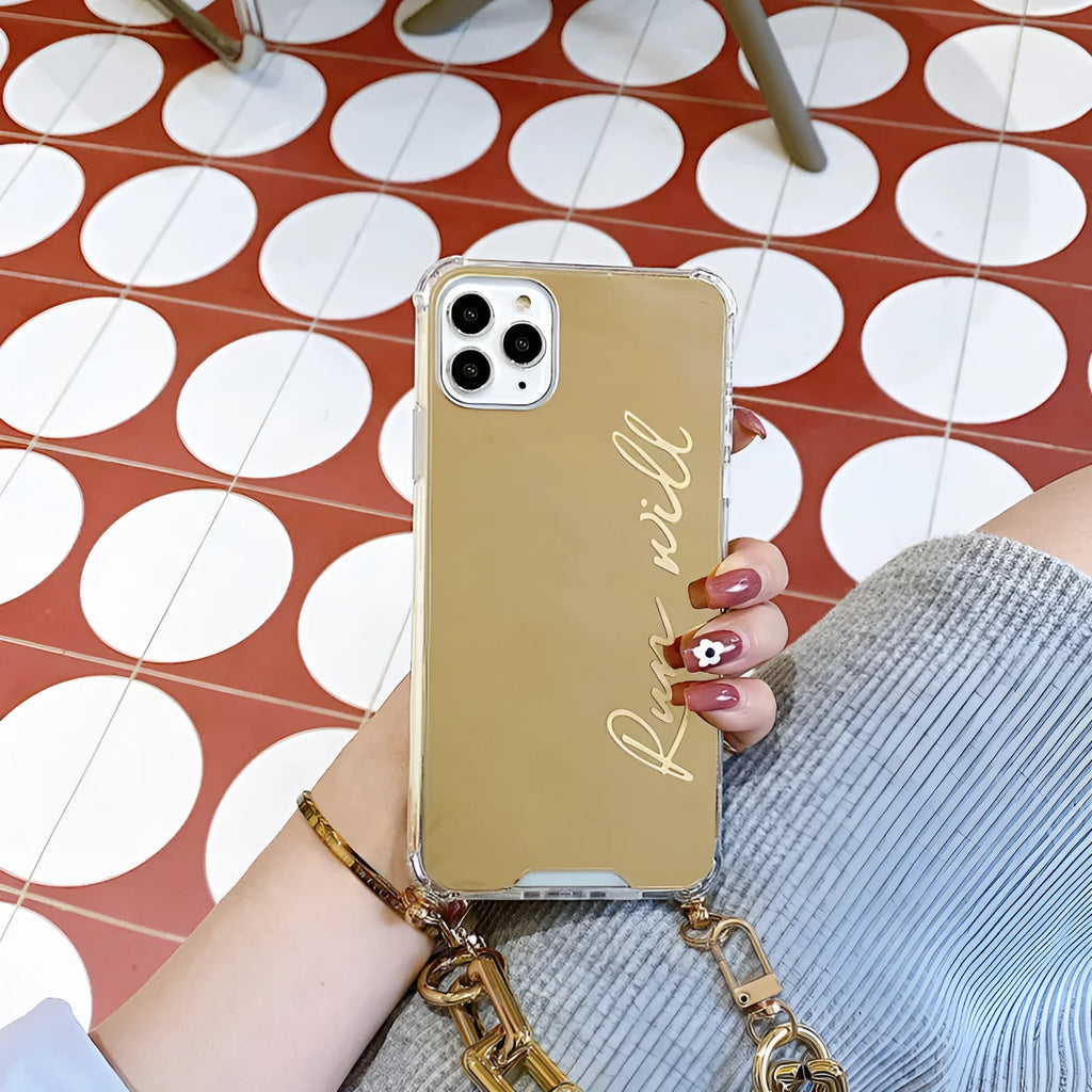 Golden cartoon mirror phone case with chain for iPhone, soft plastic cover compatible with iPhone models