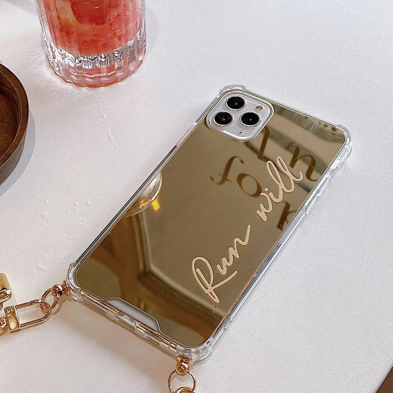 Golden cartoon mirror phone case with chain for iPhone, soft plastic cover compatible with iPhone models
