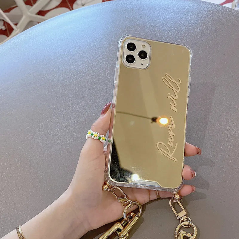 Golden cartoon mirror phone case with chain for iPhone, soft plastic cover compatible with iPhone models