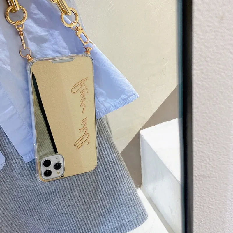 Golden cartoon mirror phone case with chain for iPhone, soft plastic cover compatible with iPhone models