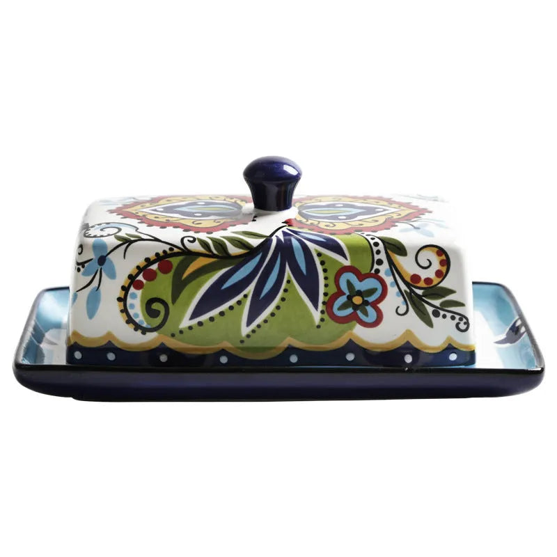 Square blue ceramic butter box with floral pattern lid for cutlery storage