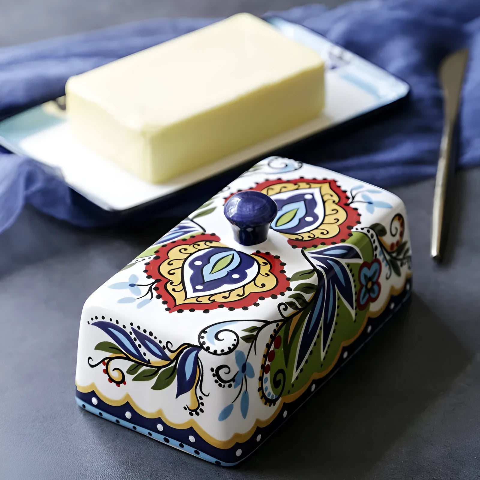 Square blue ceramic butter box with floral pattern lid for cutlery storage
