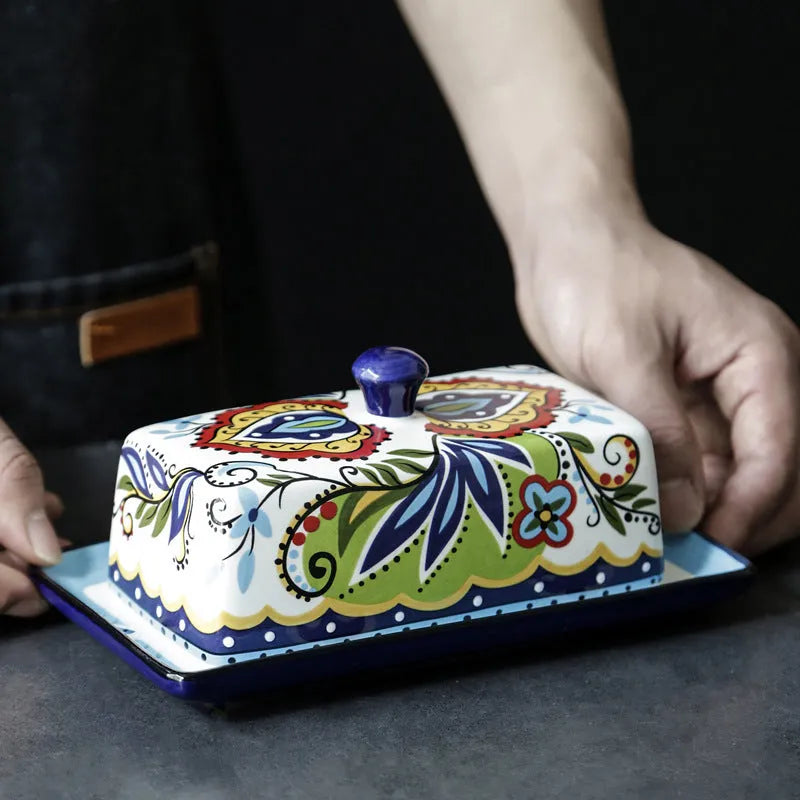 Square blue ceramic butter box with floral pattern lid for cutlery storage