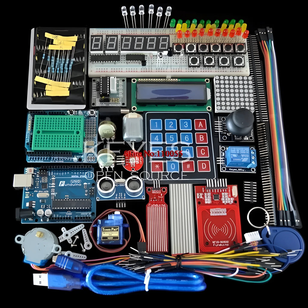 White box Arduino Uno R3 starter kit with RFID sensor module and electronic components