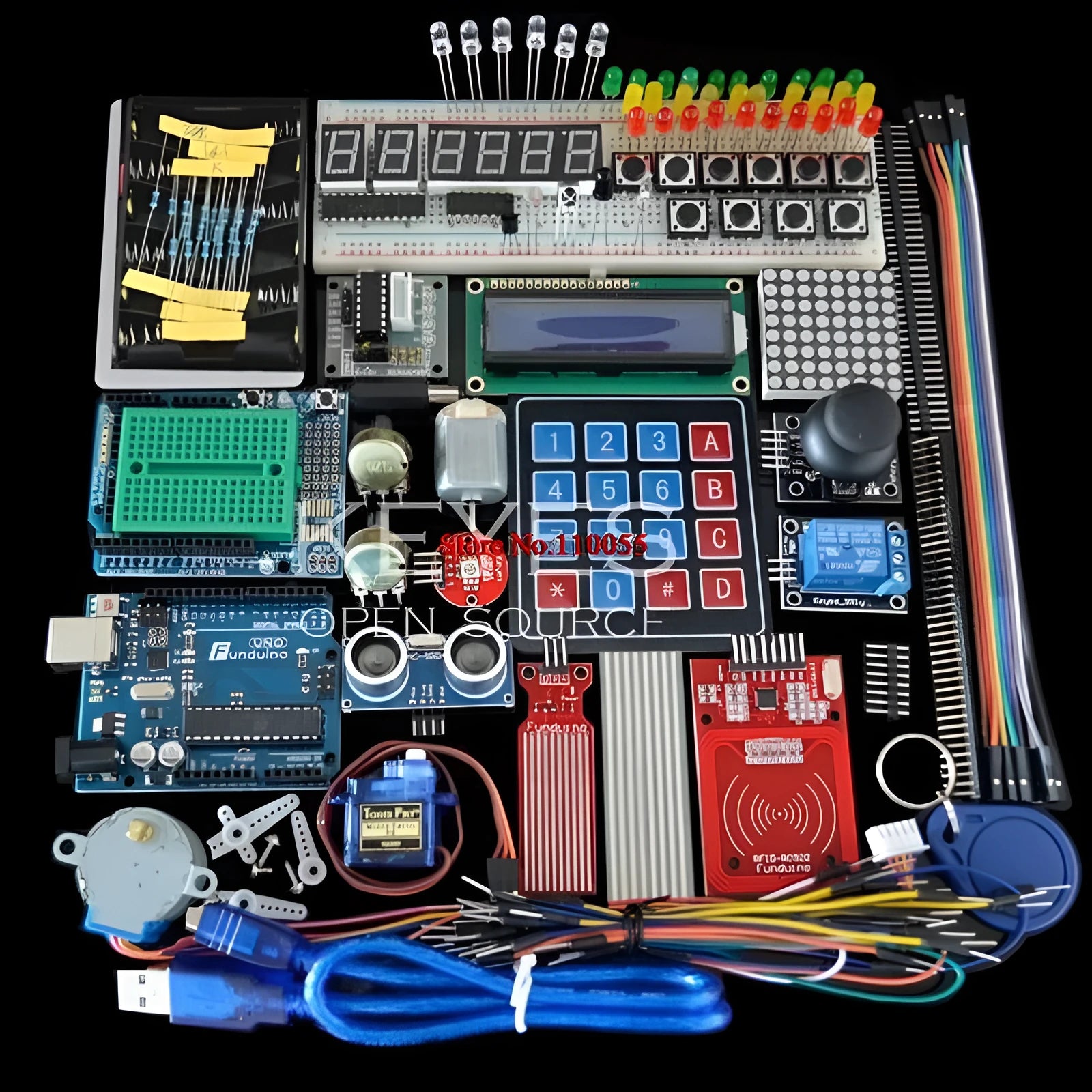 White box Arduino Uno R3 starter kit with RFID sensor module and electronic components