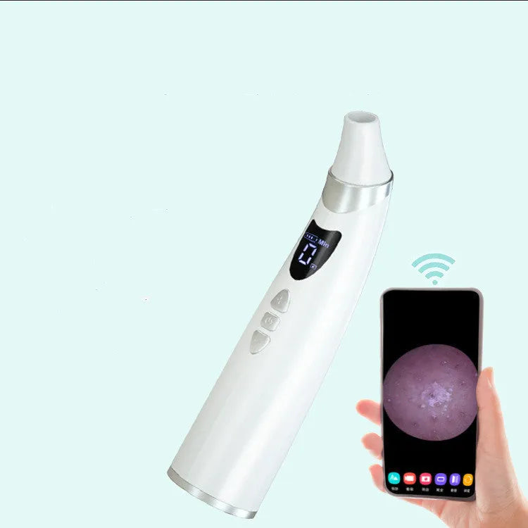 White electric visual blackhead suction instrument with LED display, four silicone heads, and USB charging cable on a sponge bag.