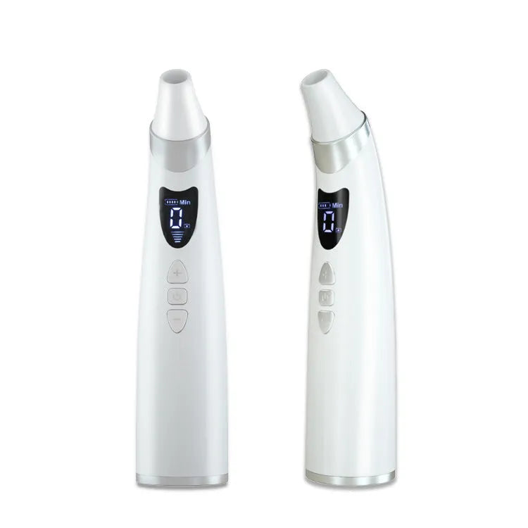 White electric visual blackhead suction instrument with LED display, four silicone heads, and USB charging cable on a sponge bag.