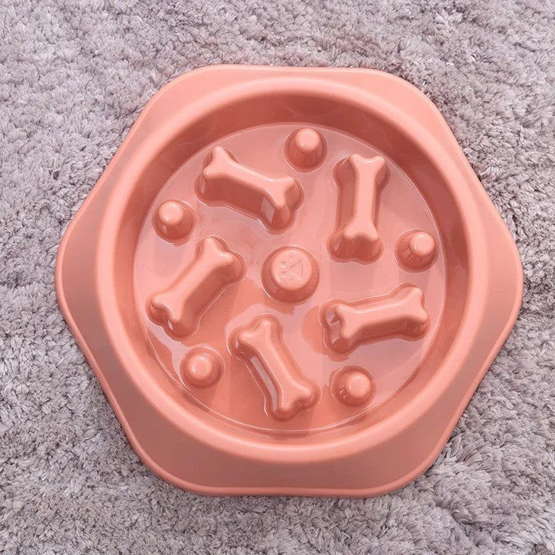 Household bone-shaped anti-choking slow food dog bowl in PP plastic, available in six colours, designed for slower canine feeding